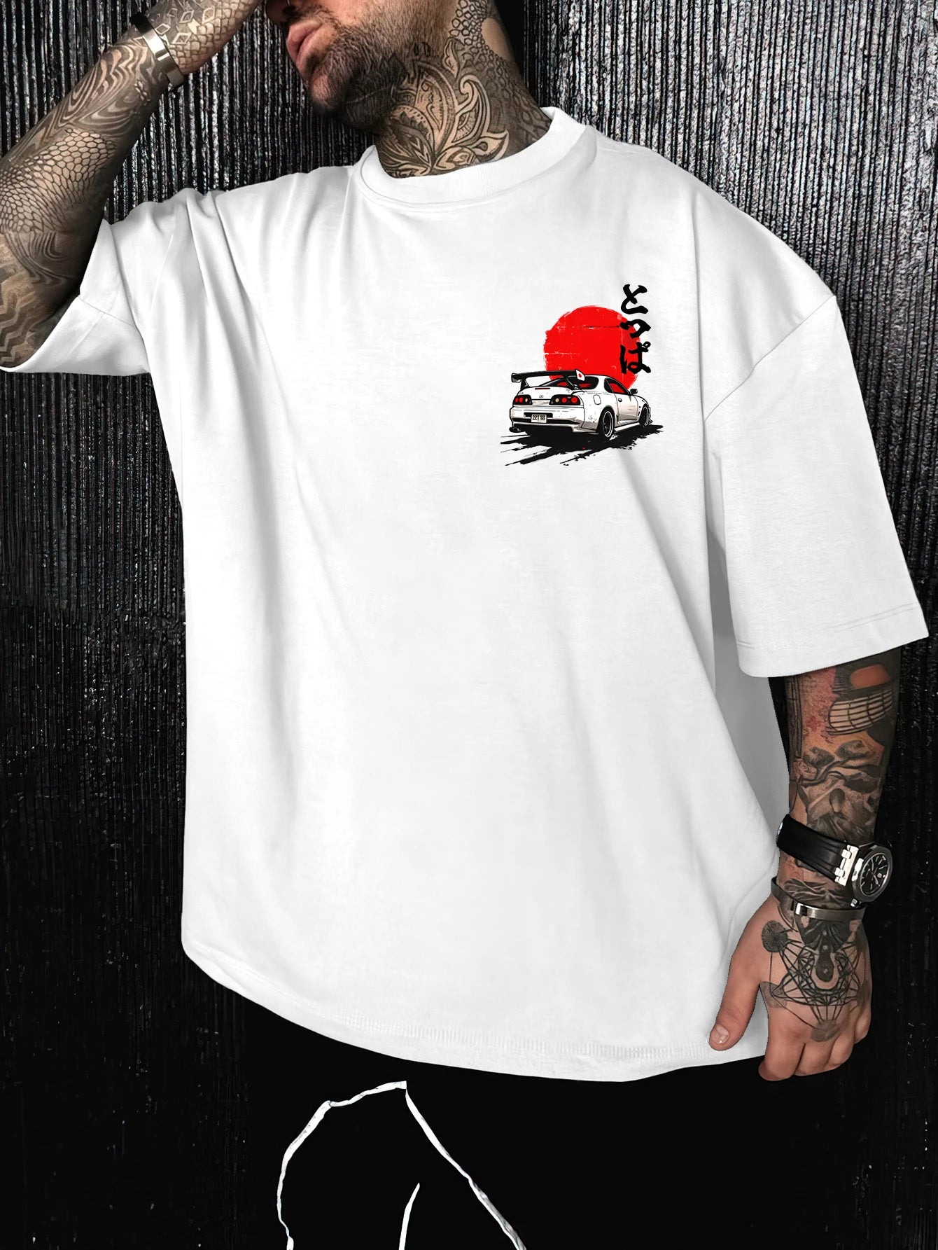 Oversized Streetwear Graphic T Shirt Men Brand Japanese Tokyo Racing Car Print Drift JDM Style Loose Fit Tee White Cotton Top Hi