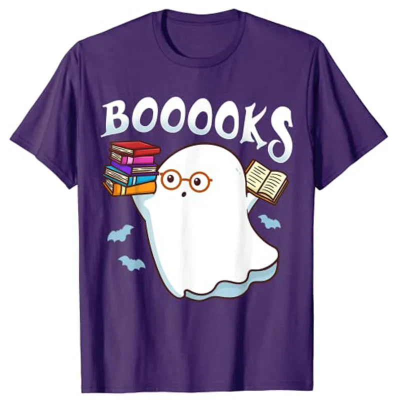 Halloween Books Librarian English Teacher Reader Ghost Reading T-Shirt Graphic Tee Shirts