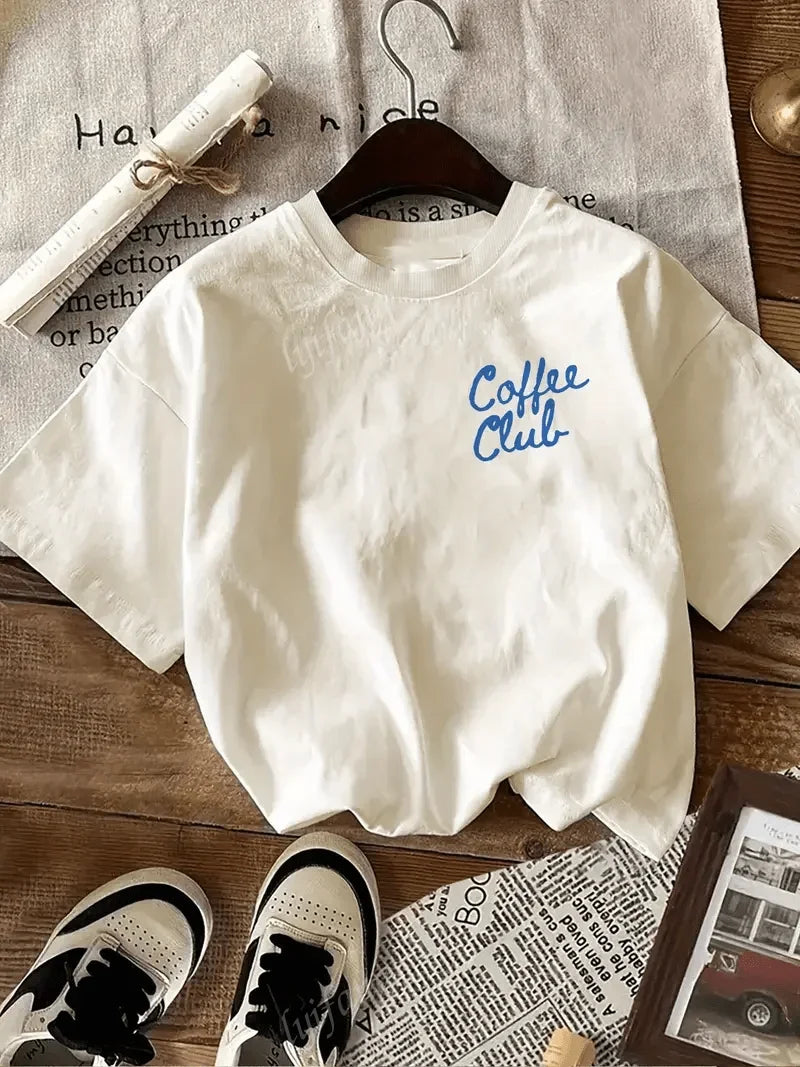 "Coffee Club" Printed Graphic T-shirt Women's Casual Round Neck Short-sleeved Top White Simple and Versatile T-shirt Summer