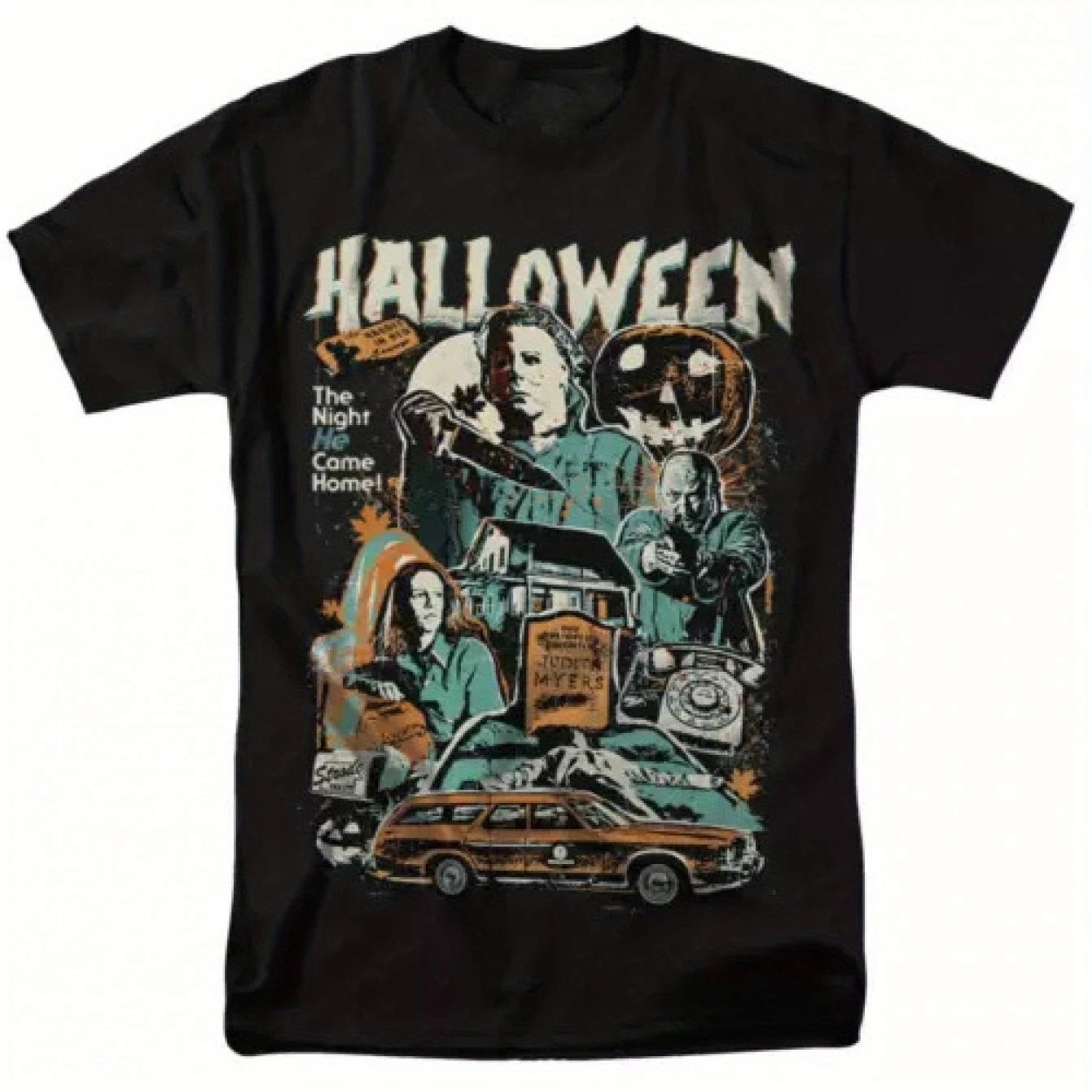 Men's Women's Vintage 90s Michael Myers Halloween Horror Movie Graphic T-Shirt Black Retro Spooky Design with Haunted House Bats