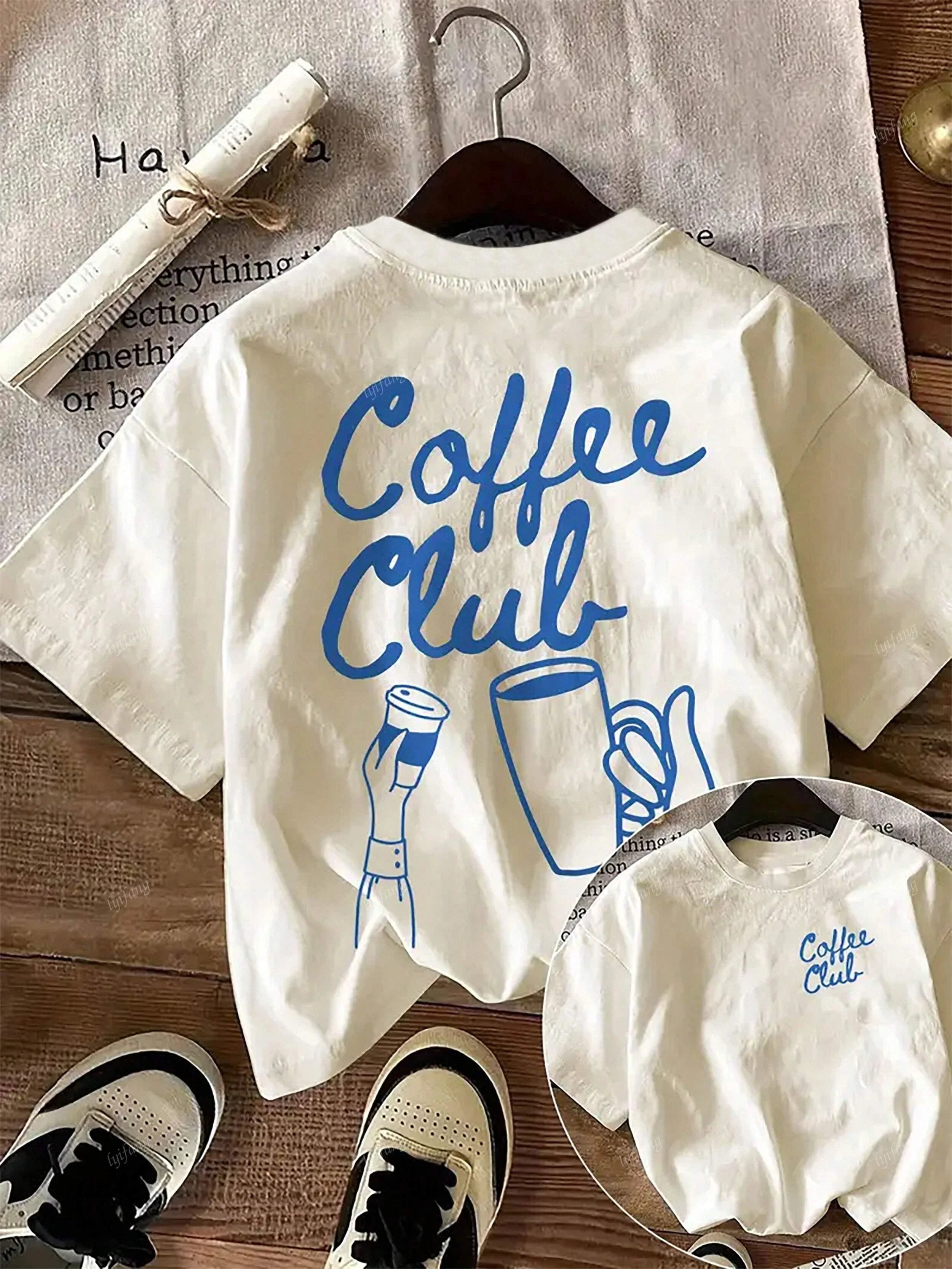 "Coffee Club" Printed Graphic T-shirt Women's Casual Round Neck Short-sleeved Top White Simple and Versatile T-shirt Summer
