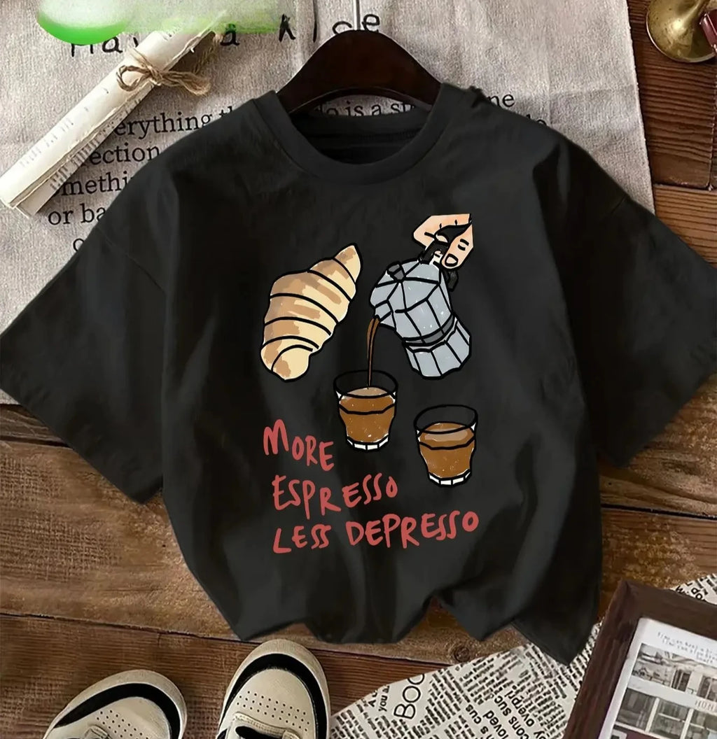 Women's Coffee Lover T-Shirt More Espresso Less Depresso Graphic Printed Tee Soft Everyday Summer Casual Women Clothing